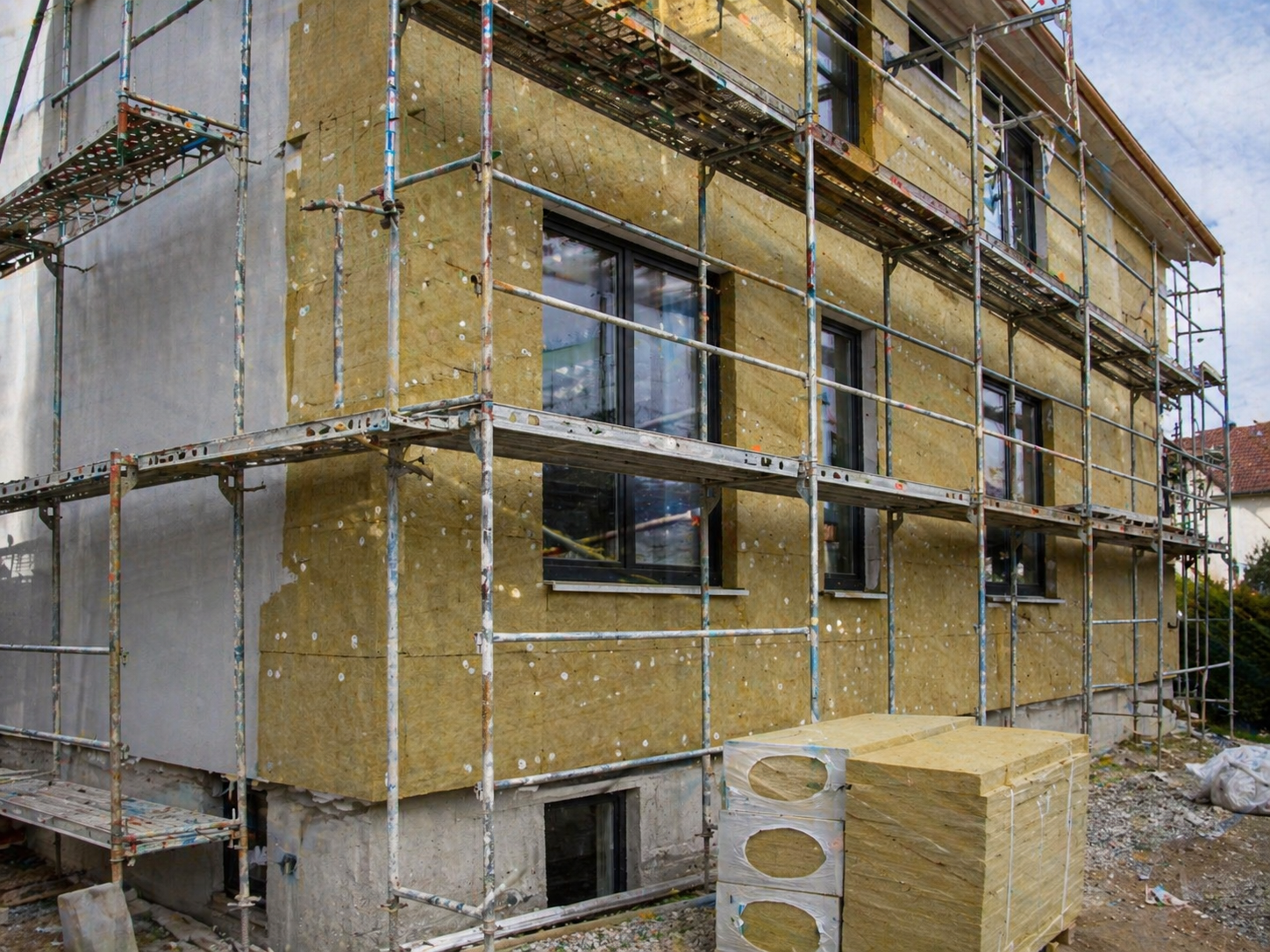 Maison en cours d&rsquo;isolation thermique par l&rsquo;ext&eacute;rieur avec panneaux en laine de roche et &eacute;chafaudage de chantier