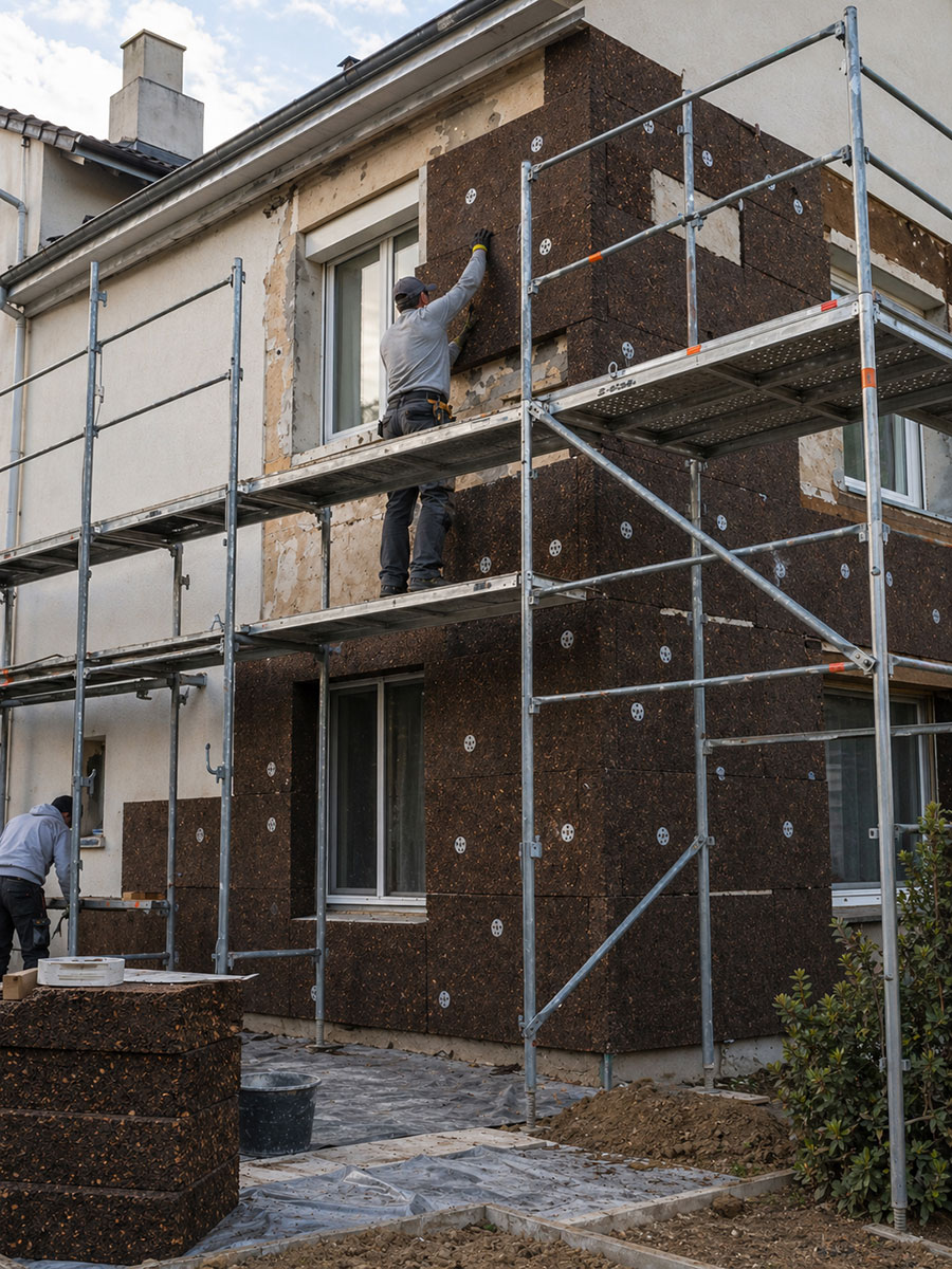 Chantier de r&eacute;novation avec ravalement de fa&ccedil;ade et pose d&rsquo;isolation thermique par l&rsquo;ext&eacute;rieur en panneaux de li&egrave;ge sur maison avec &eacute;chafaudage