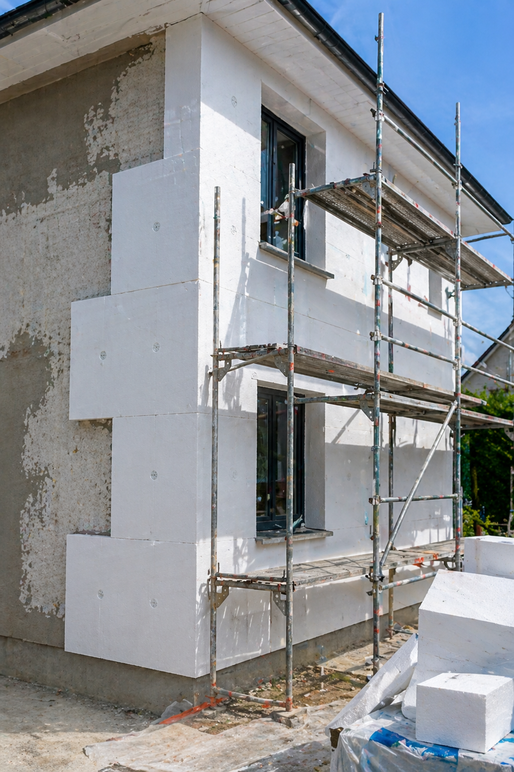 Maison en cours d&rsquo;isolation thermique par l&rsquo;ext&eacute;rieur avec panneaux en polystyr&egrave;ne et &eacute;chafaudage de chantier